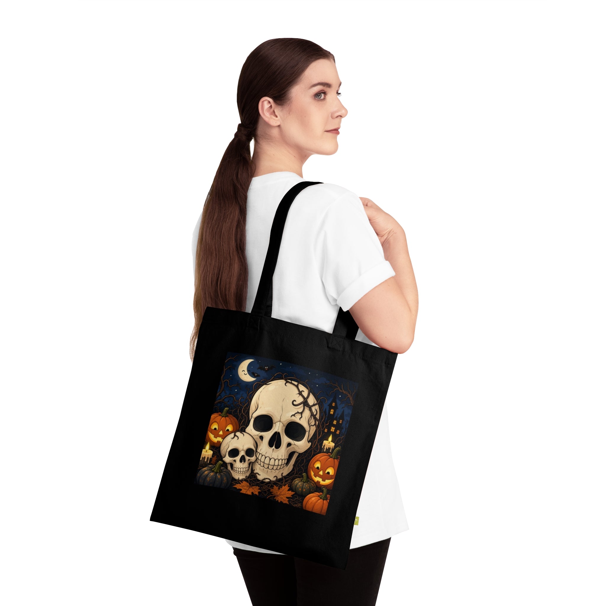 Halloween Skull Tote Bag — Organic Cotton Trick-or-Treat Pumpkin Design