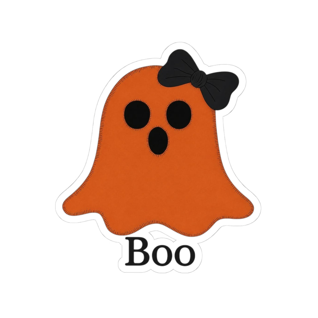 Halloween Ghost Sticker – Orange 'Boo' Kiss-Cut Sticker with Bow