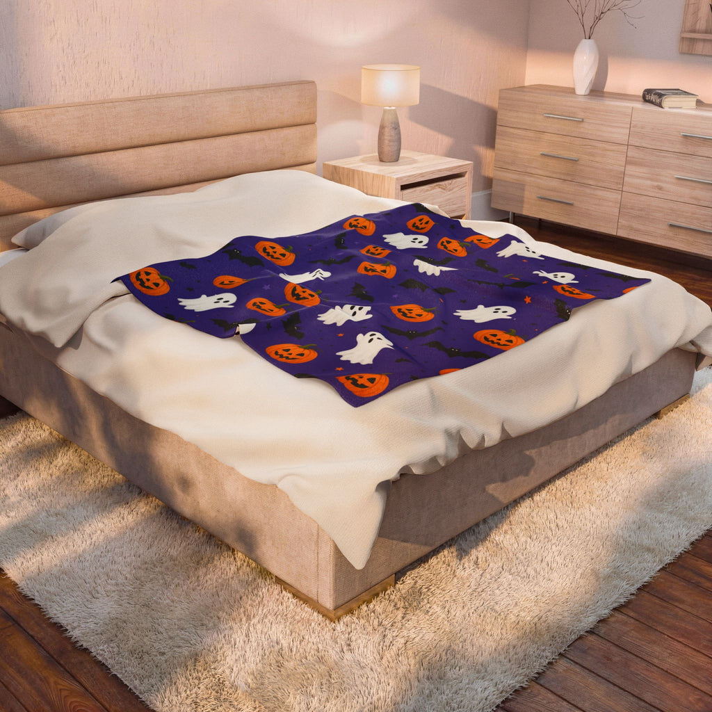 Halloween Plush Blanket — Purple Ghosts, Pumpkins & Bats Velveteen Throw