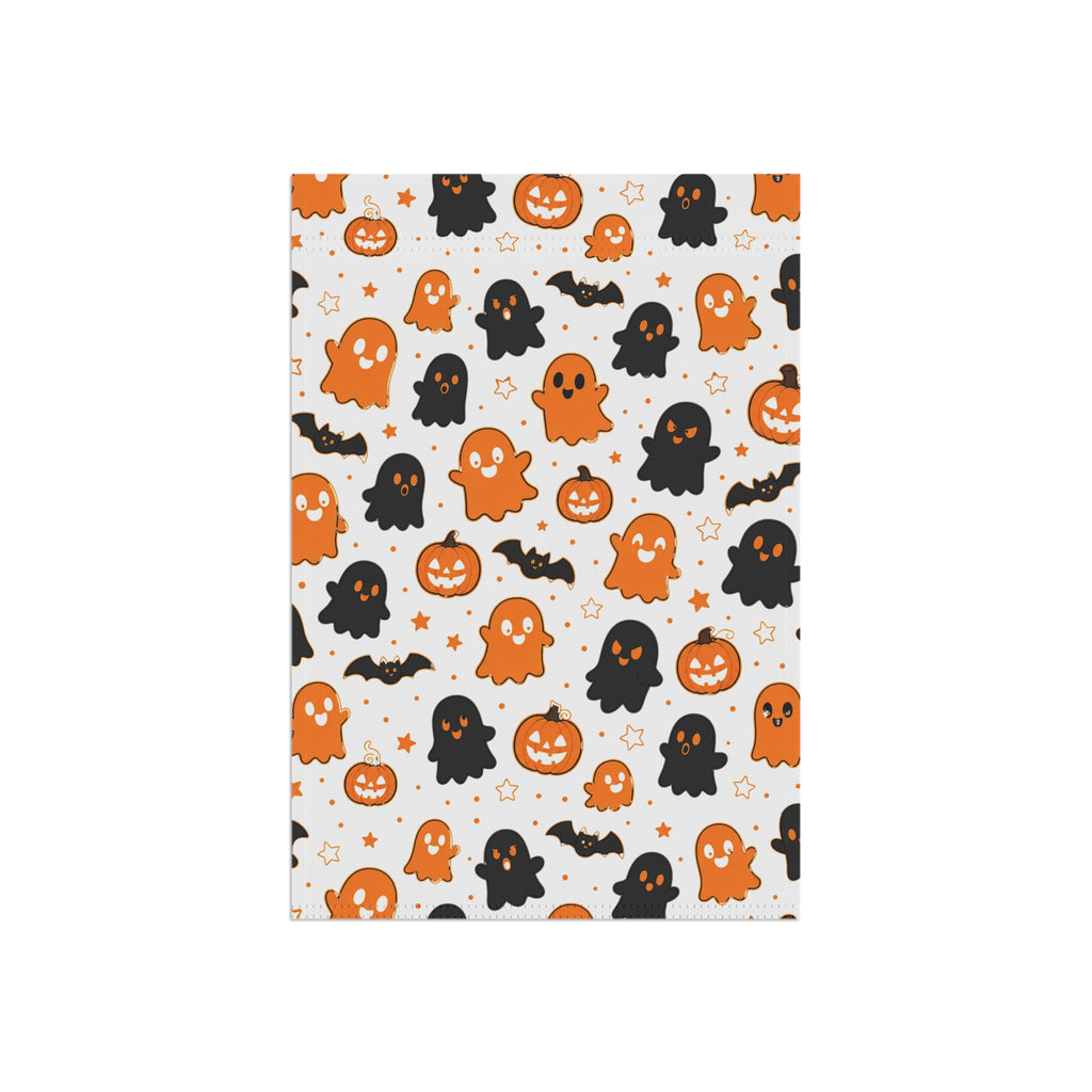 Halloween Ghost Pattern Garden Flag — Cute Orange & Black Ghosts, Pumpkins & Bats
