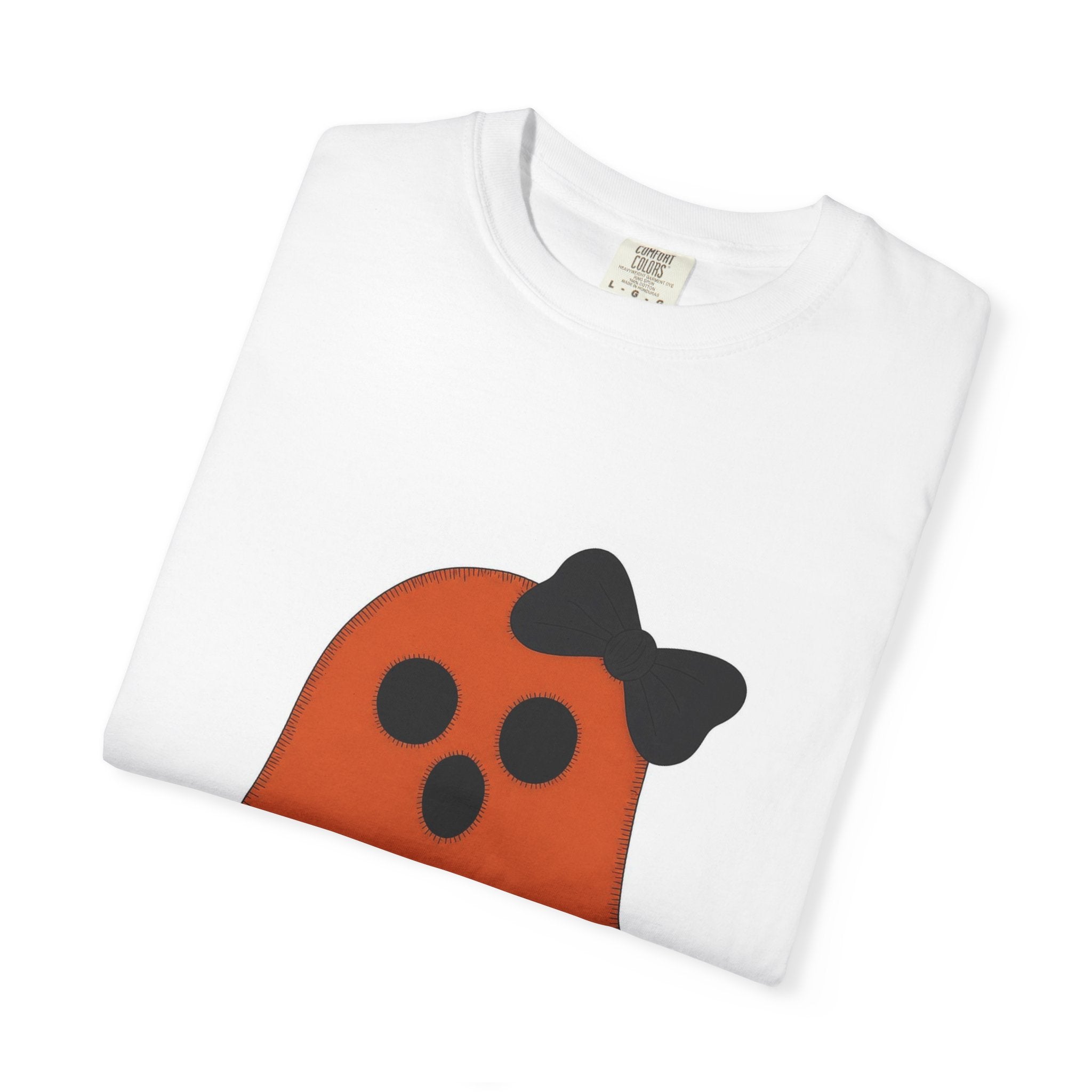 Halloween Ghost Tee — Cute Orange 'Boo' Shirt with Bow