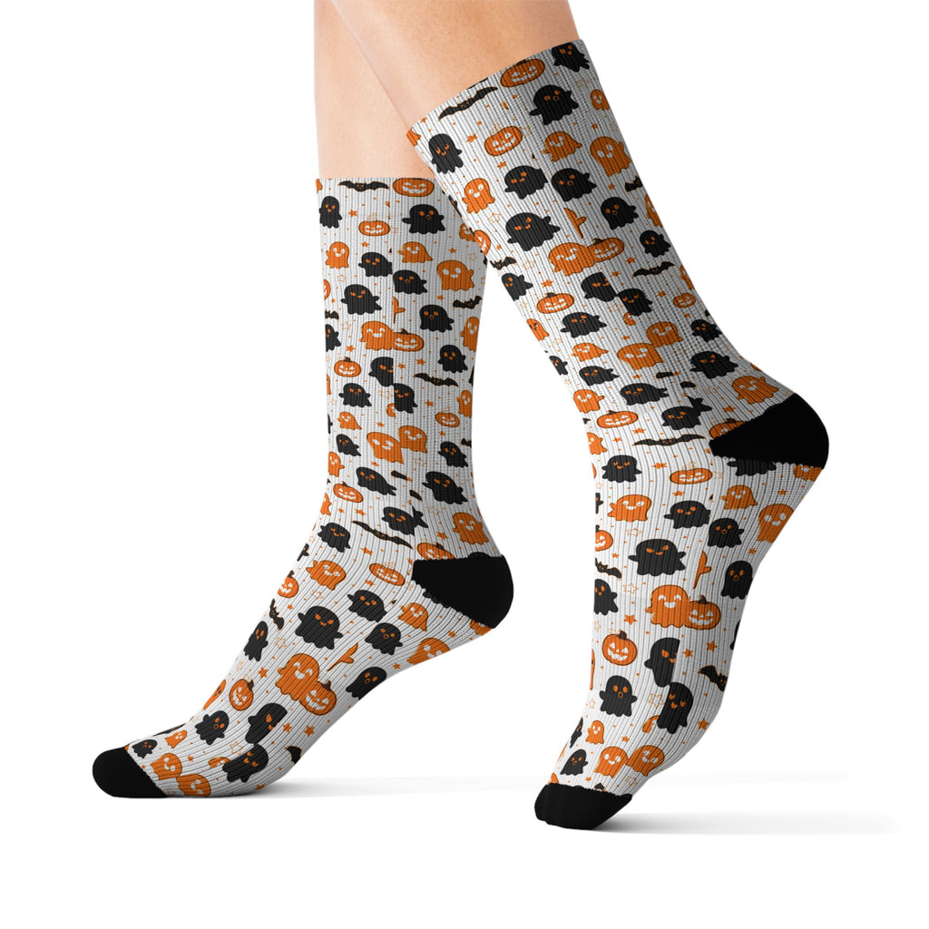 Halloween Pumpkin & Ghost Crew Socks — Cute Orange & Black Spooky Pattern