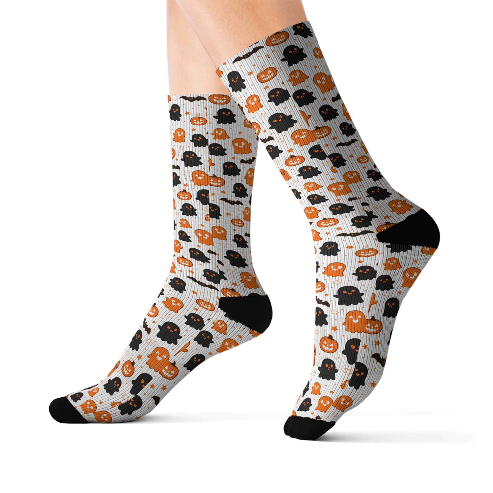 Halloween Pumpkin & Ghost Crew Socks — Cute Orange & Black Spooky Pattern