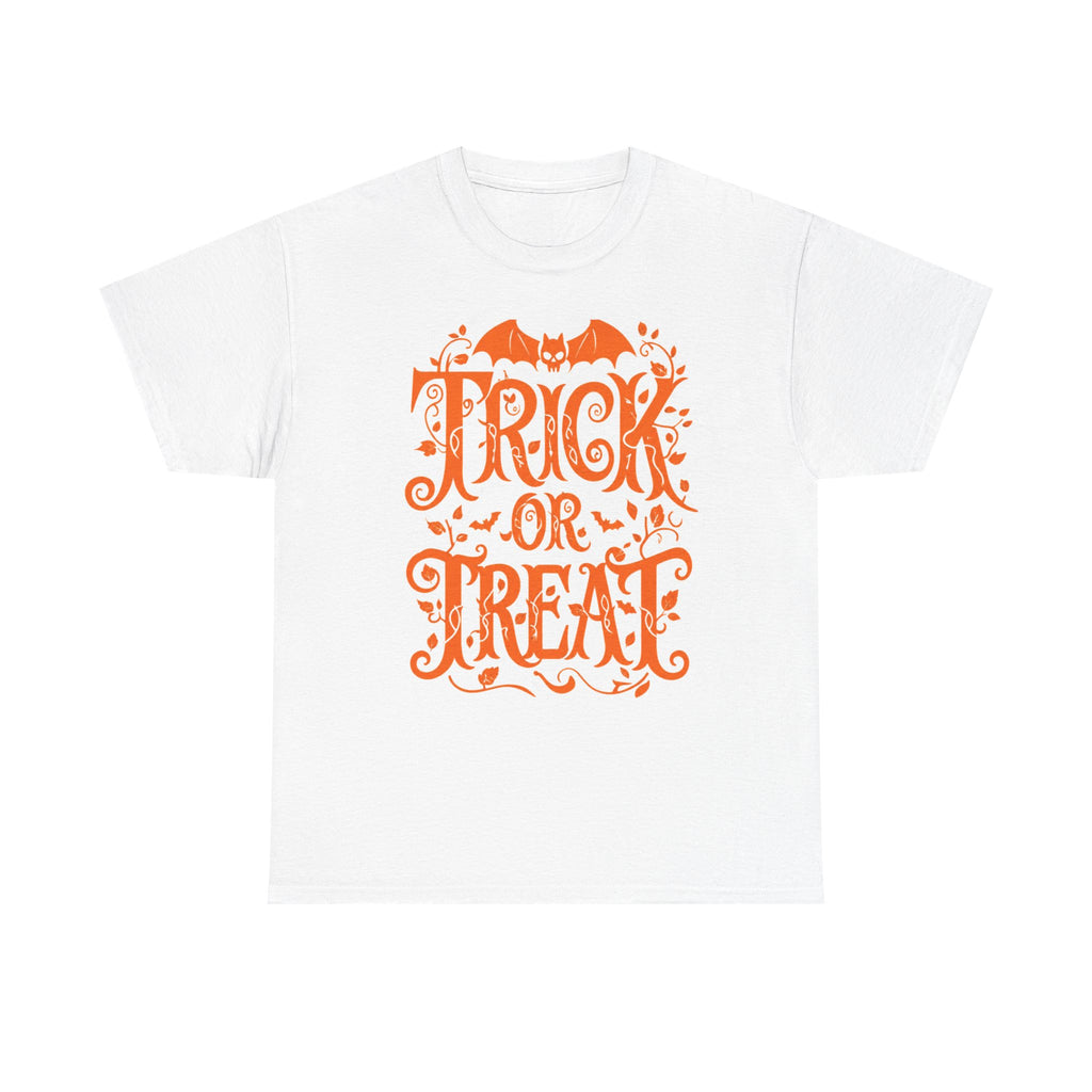 Halloween 'Trick or Treat' Tee — Orange Bat & Floral Design