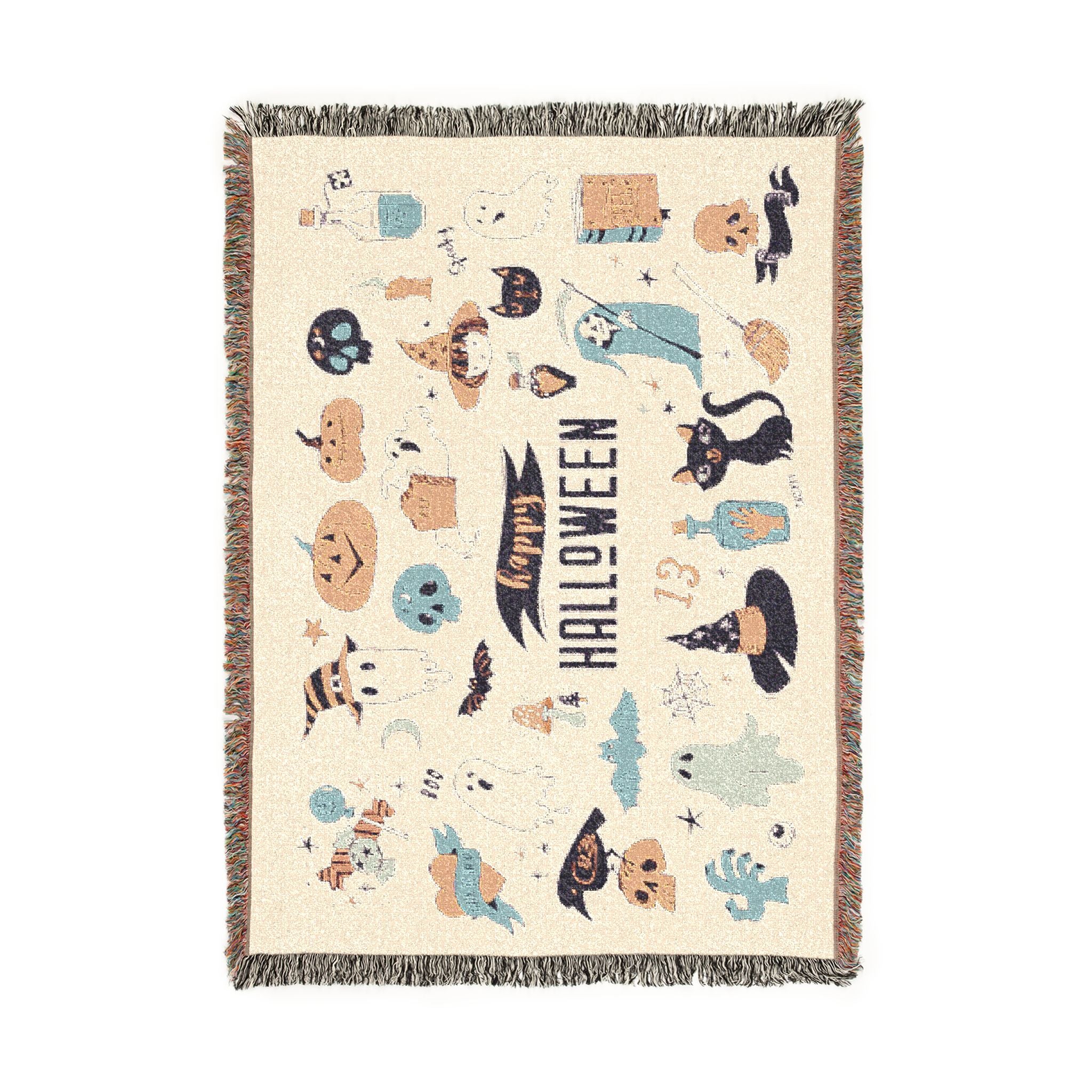 Halloween Patchwork Woven Blanket — Cute Ghosts, Cats & Pumpkin Throw