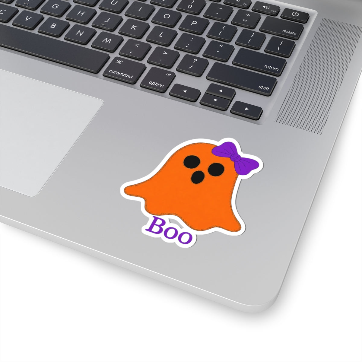 Halloween Ghost Sticker — Cute Orange ‘Boo’ Ghost with Purple Bow (Kiss-Cut)