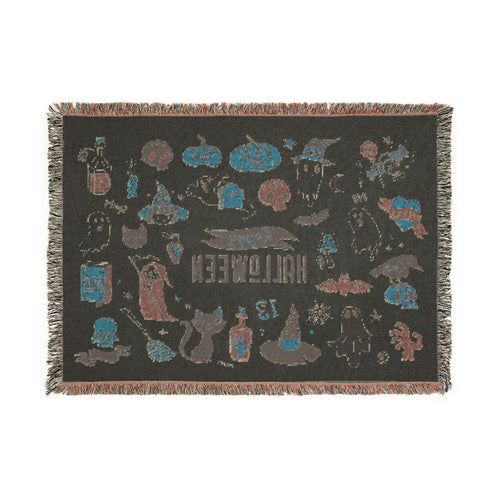 Halloween Patchwork Woven Blanket — Cute Ghosts, Cats & Pumpkin Throw