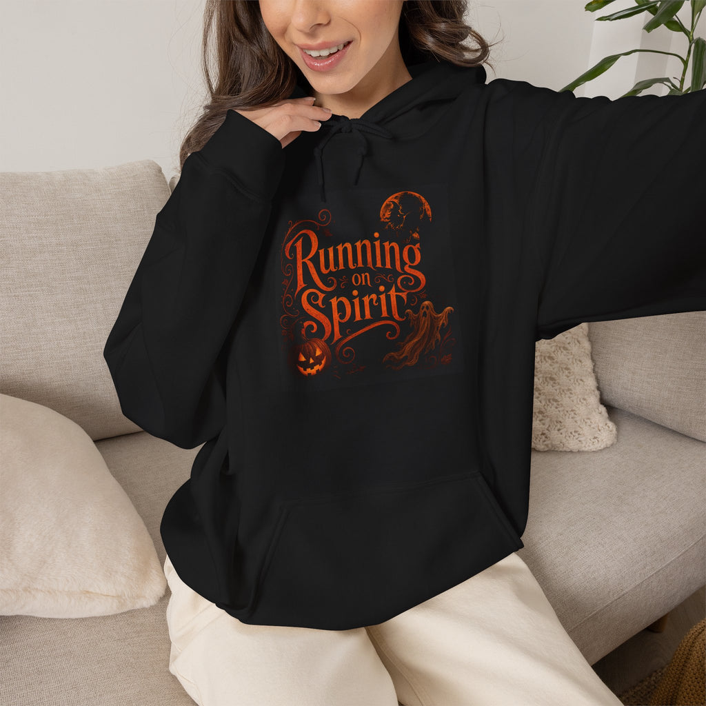 Halloween Hoodie — “Running on Spirit” Front & “Trick or Treat” Back Graphic Hooded Sweatshirt