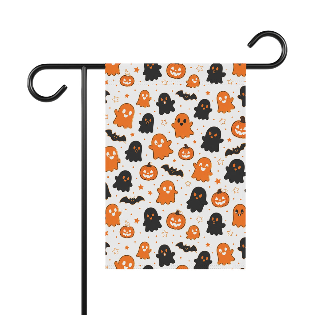 Halloween Ghost Pattern Garden Flag — Cute Orange & Black Ghosts, Pumpkins & Bats