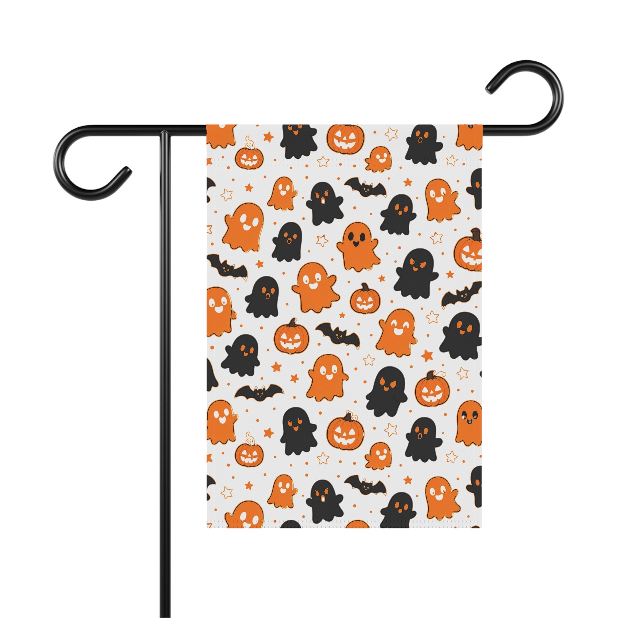 Halloween Ghost Pattern Garden Flag — Cute Orange & Black Ghosts, Pumpkins & Bats