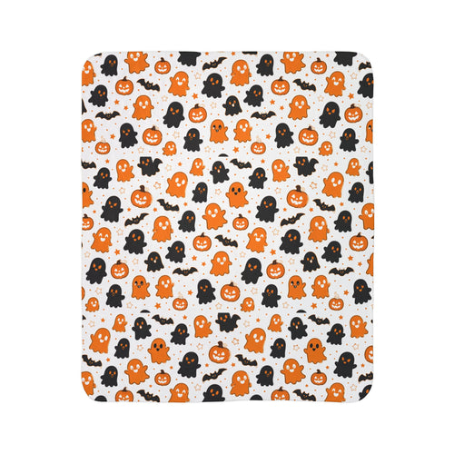 Halloween Ghost & Pumpkin Fleece Sherpa Blanket — Cozy Orange & Black Spooky Pattern