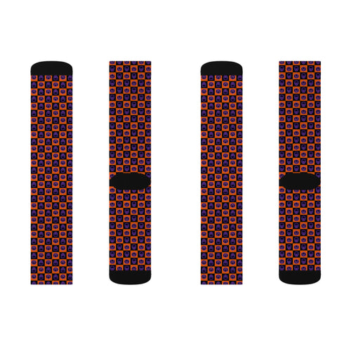 Halloween Checkerboard Sublimation Socks — Orange & Purple Patterned Crew Socks