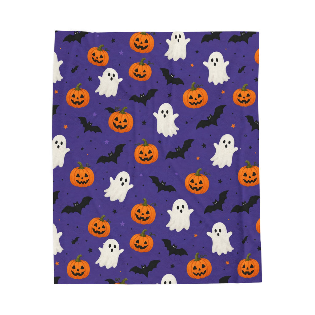 Halloween Plush Blanket — Purple Ghosts, Pumpkins & Bats Velveteen Throw