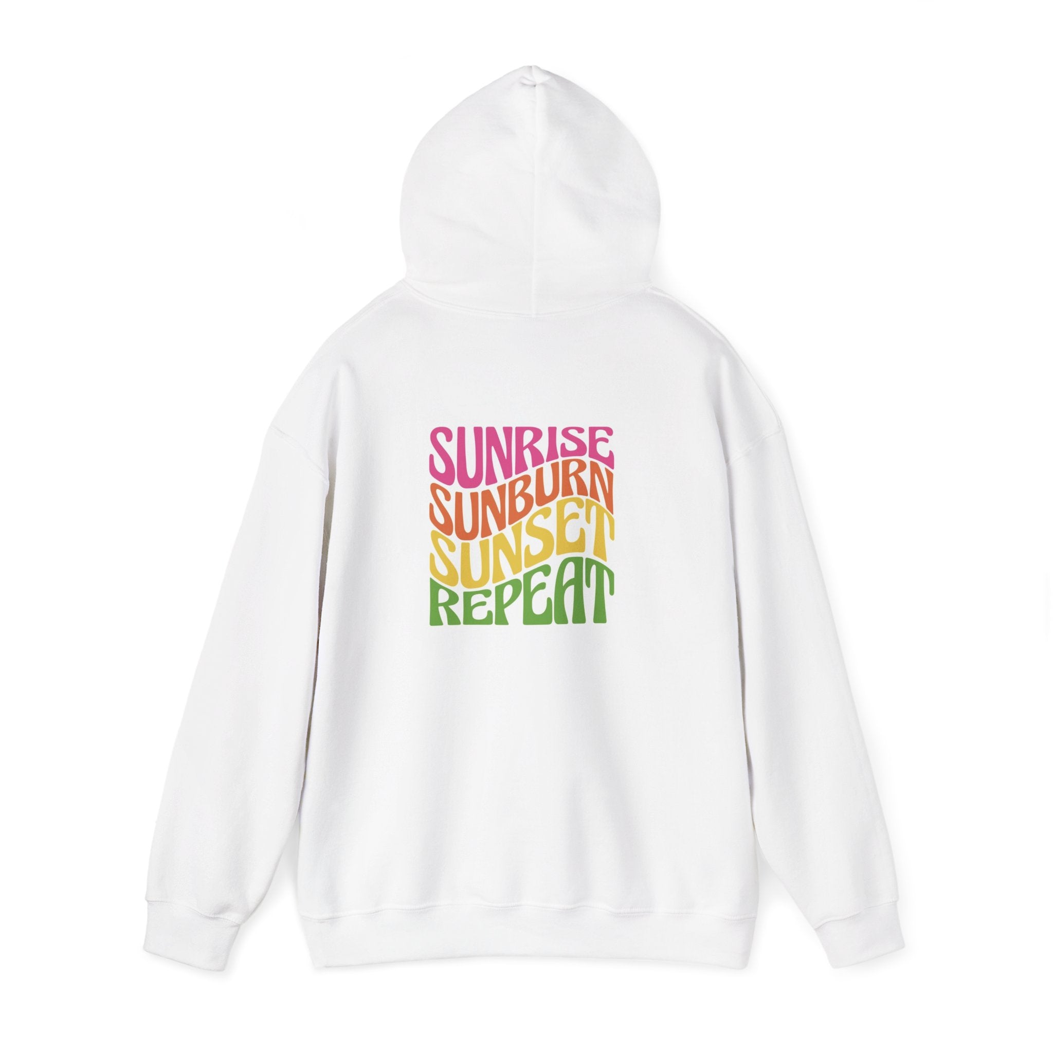 Sunset Palm Hoodie — 'Sunrise Sunburn Sunset Repeat' Beach Hoodie