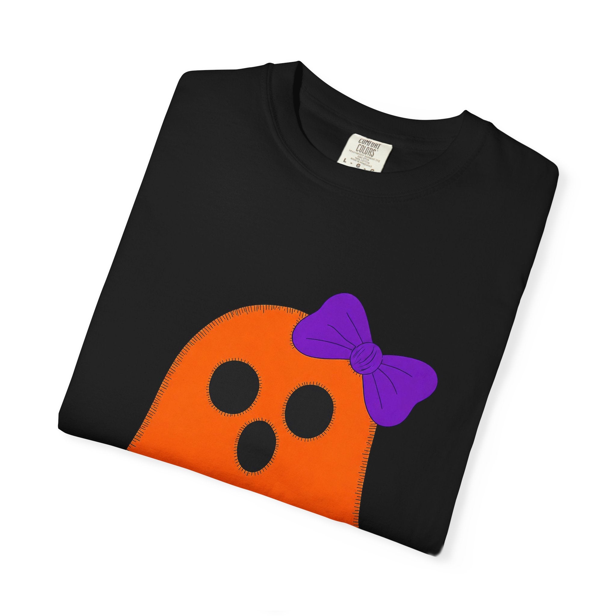 Halloween Ghost Tee — Cute Orange 'Boo' Shirt with Bow