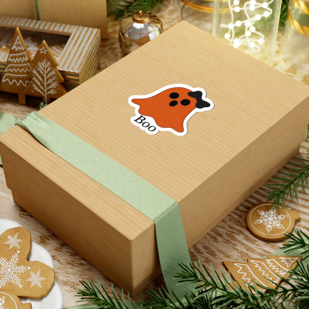 Halloween Ghost Sticker – Orange 'Boo' Kiss-Cut Sticker with Bow