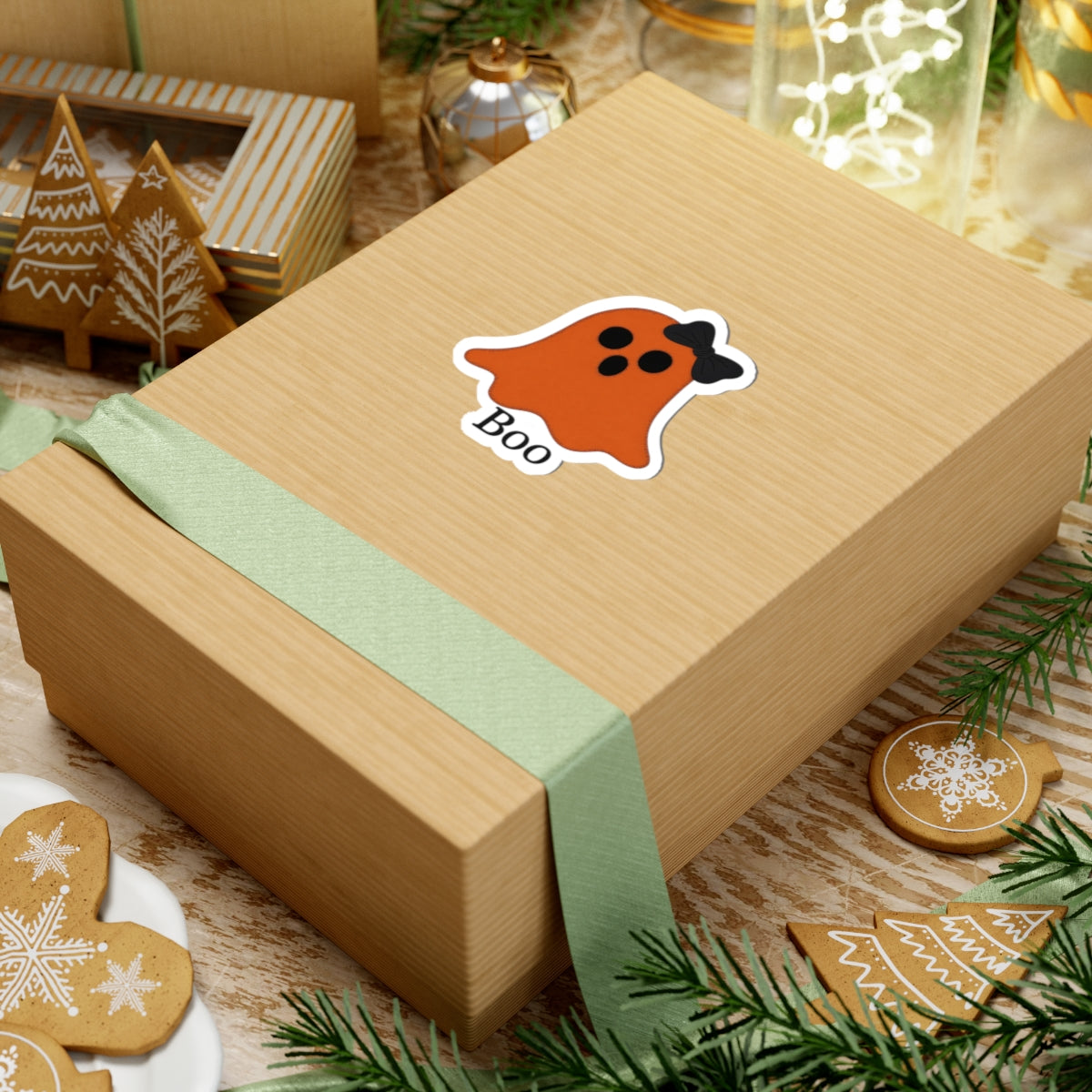 Halloween Ghost Sticker – Orange 'Boo' Kiss-Cut Sticker with Bow