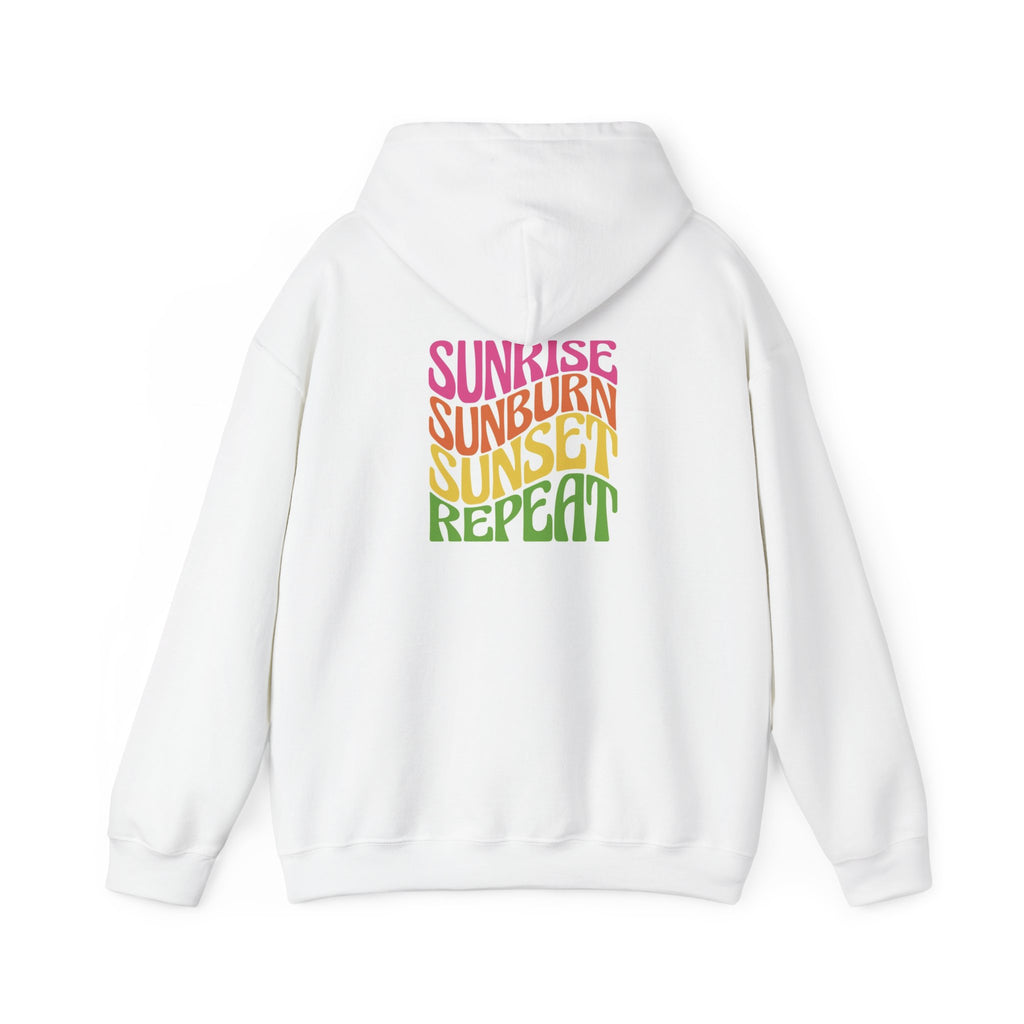 Sunset Palm Hoodie — 'Sunrise Sunburn Sunset Repeat' Beach Hoodie