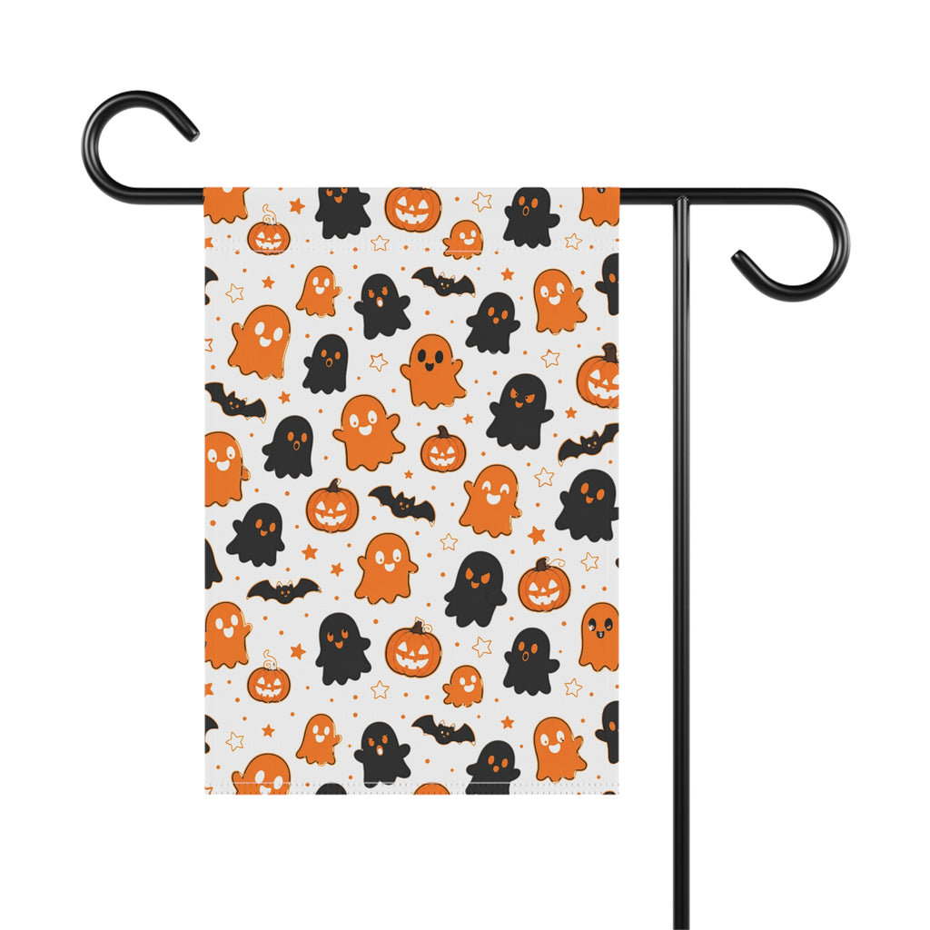 Halloween Ghost Pattern Garden Flag — Cute Orange & Black Ghosts, Pumpkins & Bats