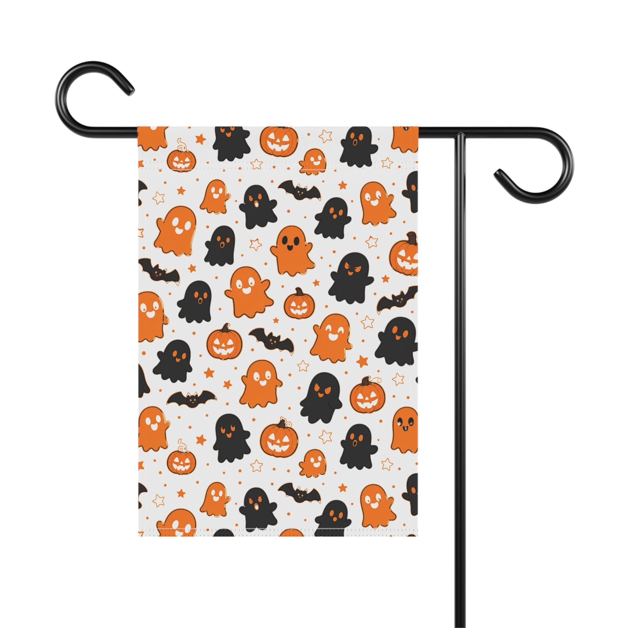 Halloween Ghost Pattern Garden Flag — Cute Orange & Black Ghosts, Pumpkins & Bats