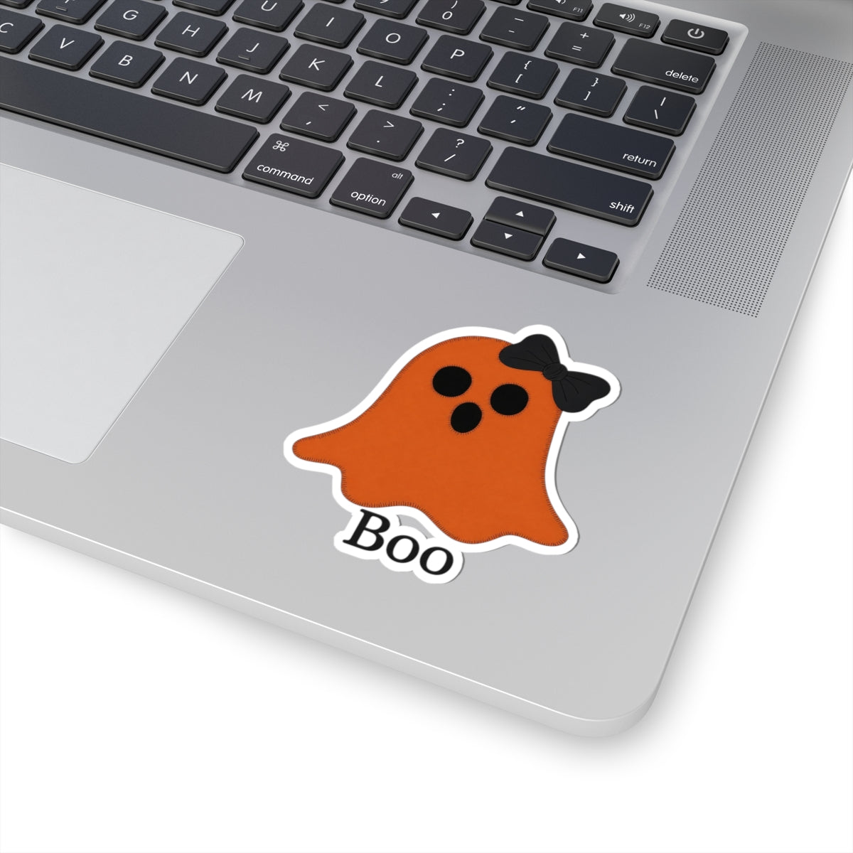 Halloween Ghost Sticker – Orange 'Boo' Kiss-Cut Sticker with Bow
