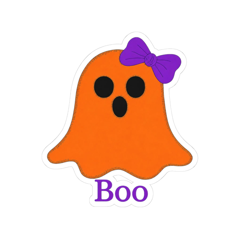 Halloween Ghost Sticker — Cute Orange ‘Boo’ Ghost with Purple Bow (Kiss-Cut)