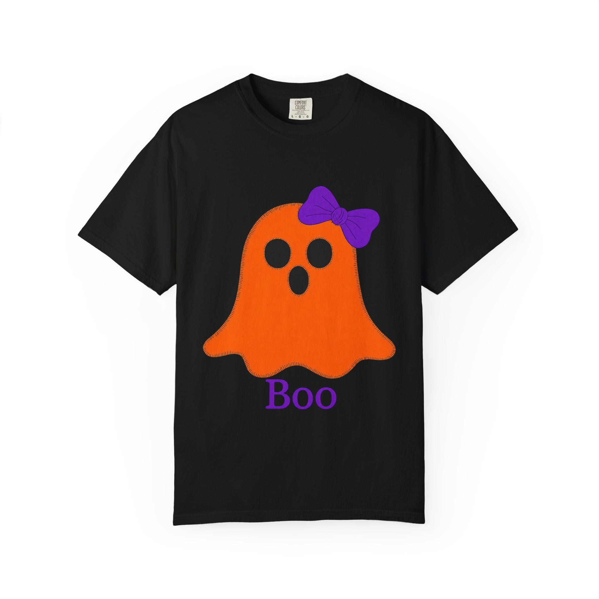 Halloween Ghost Tee — Cute Orange 'Boo' Shirt with Bow