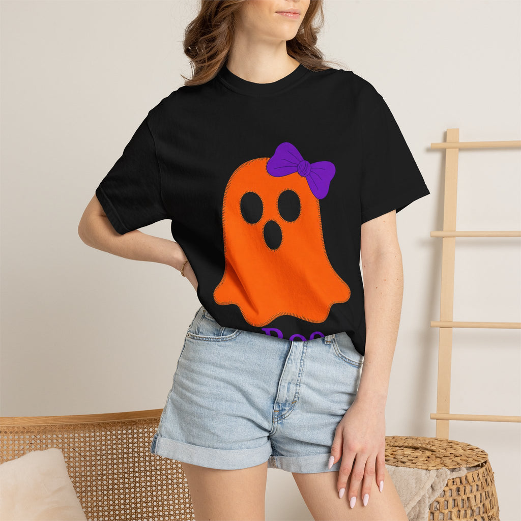 Halloween Ghost Tee — Cute Orange 'Boo' Shirt with Bow