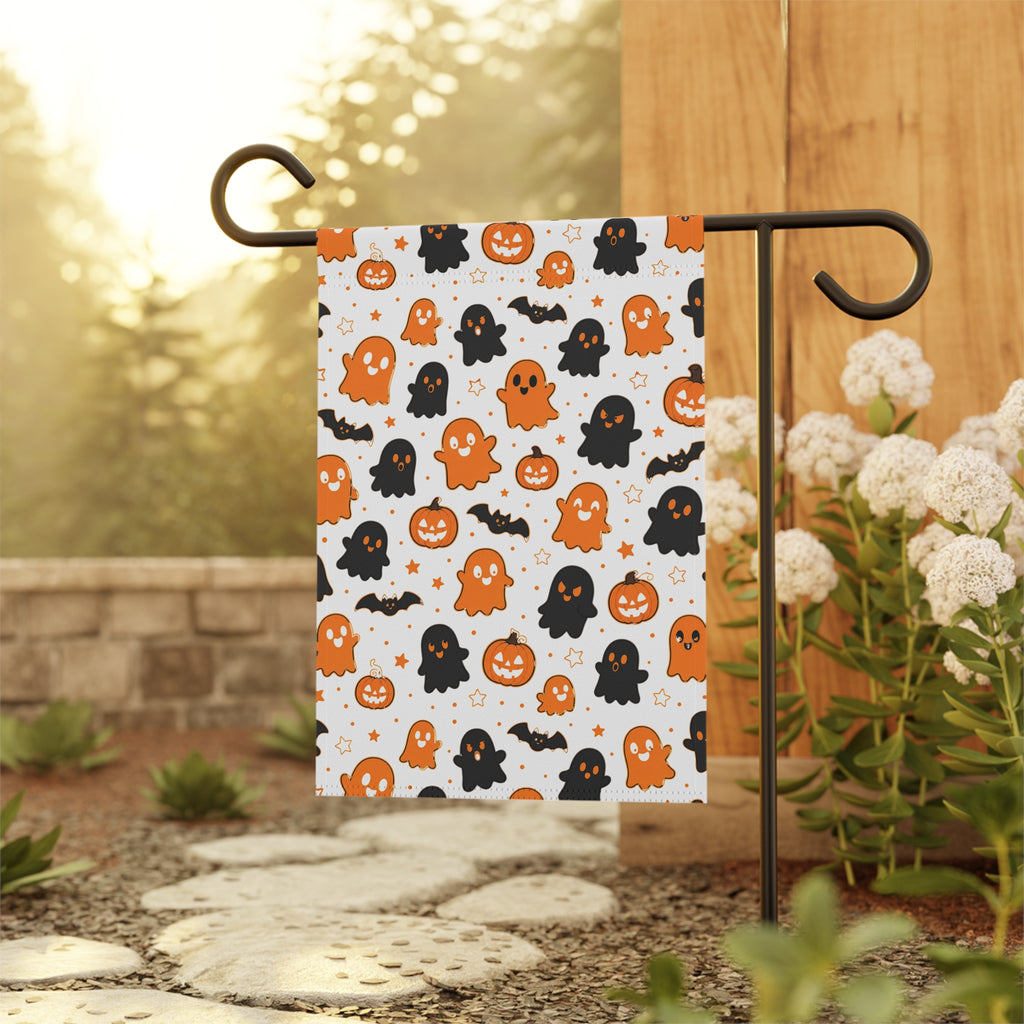 Halloween Ghost Pattern Garden Flag — Cute Orange & Black Ghosts, Pumpkins & Bats