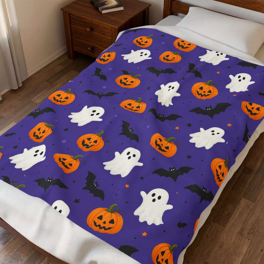 Halloween Plush Blanket — Purple Ghosts, Pumpkins & Bats Velveteen Throw