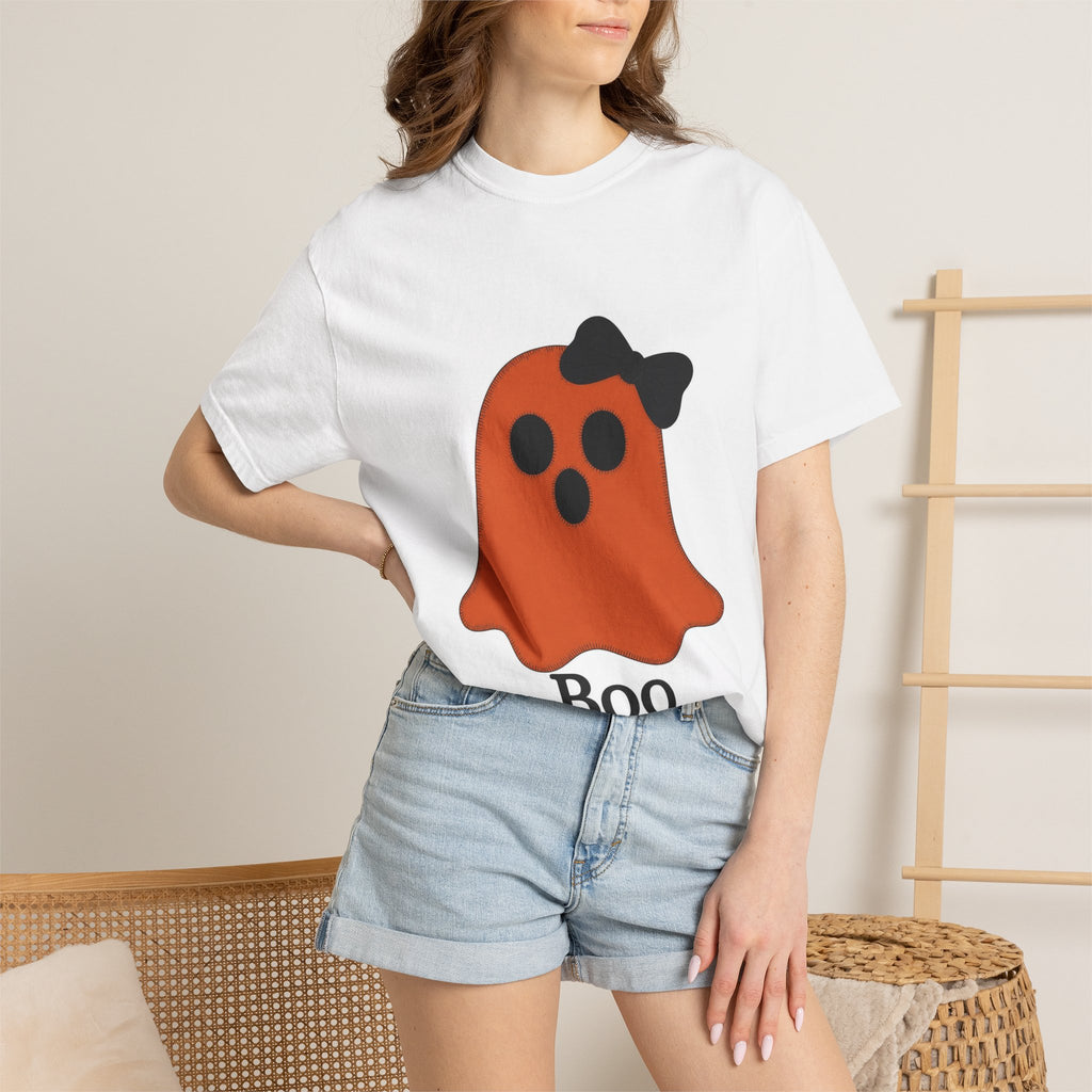 Halloween Ghost Tee — Cute Orange 'Boo' Shirt with Bow